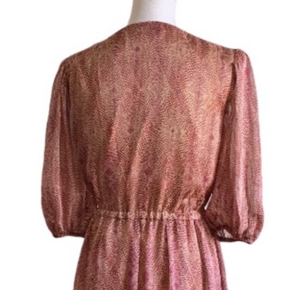 FRONT WRAP V NECK 3/4 SLEEVE WINE PATTERN DRESS - Picture 8 of 11